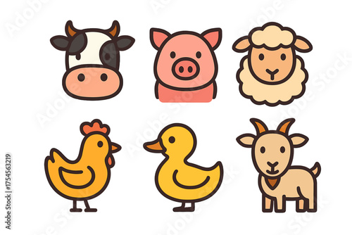 Cute cartoon farm animal icons set featuring cow, pig, sheep, chicken, duck, and goat heads and bodies
