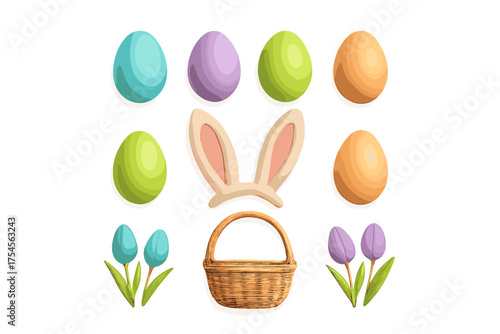 Colorful Easter eggs bunny ears headband wicker basket and spring tulips arranged on a white background