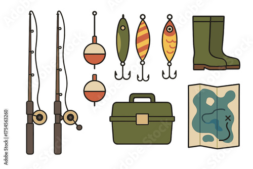 Essential fishing gear collection including rods, reels, bobbers, lures, tackle box, and rubber boots