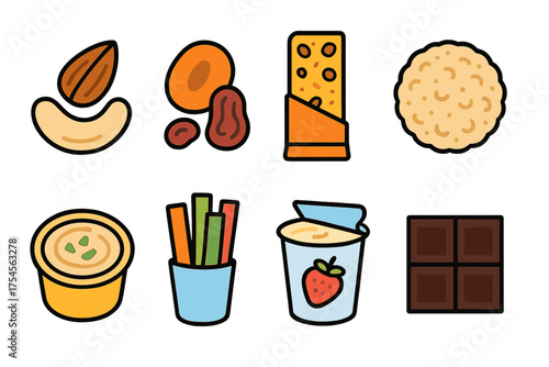 Assortment of healthy and quick snack food items including nuts, dried fruit, granola bar, and chocolate squares