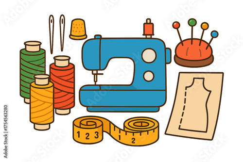 Colorful collection of sewing and tailoring equipment including machine, thread, and measuring tape