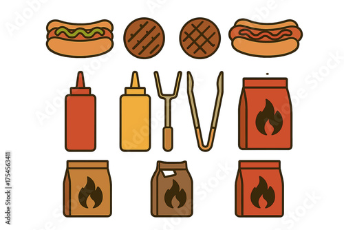 Collection of barbecue essentials including hot dogs, grilled patties, sauces, and cooking utensils