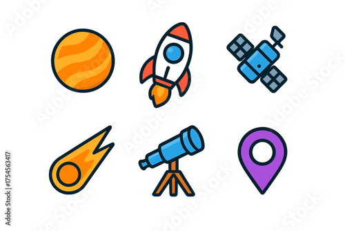 Set of colorful space exploration icons featuring a rocket, planet, satellite, telescope, and comet