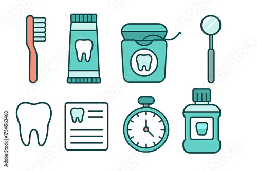 Set of dental care products and professional instruments for oral hygiene examination