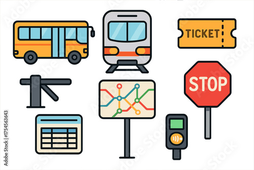 Public transportation and urban travel symbols featuring bus, subway, ticket, stop sign, and transit map