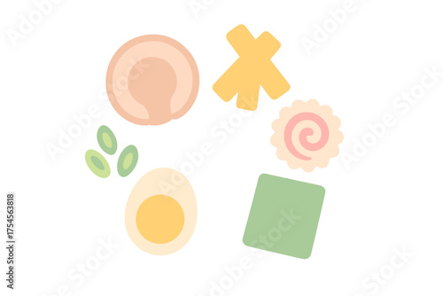 Assortment of popular Japanese ramen ingredients including sliced pork, fish cake, and boiled egg