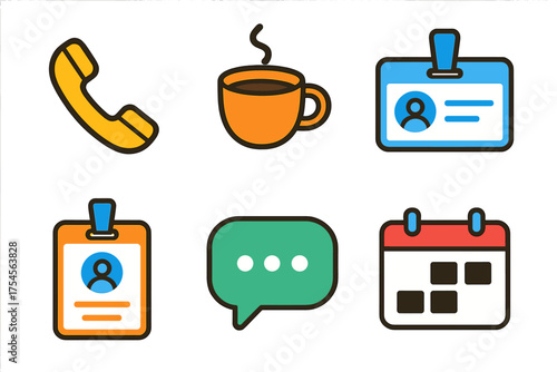 Set of essential business and communication symbols including phone, coffee, ID badge, chat, and calendar