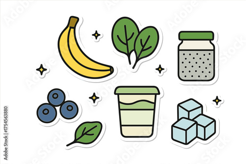 Banana spinach blueberries ice cubes and drink cup for healthy smoothie recipes
