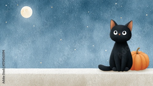 Cute black cat with pumpkin sitting under night sky and full moon, cozy halloween illustration