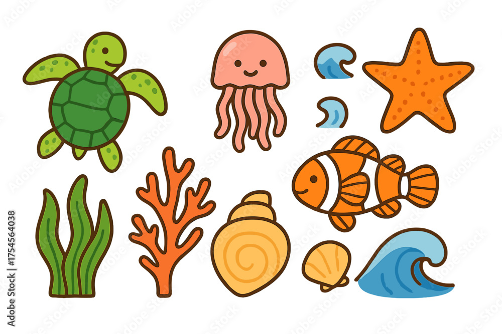 Fototapeta premium Cute cartoon sea animals and ocean elements set featuring turtle, jellyfish, clownfish, starfish, and coral