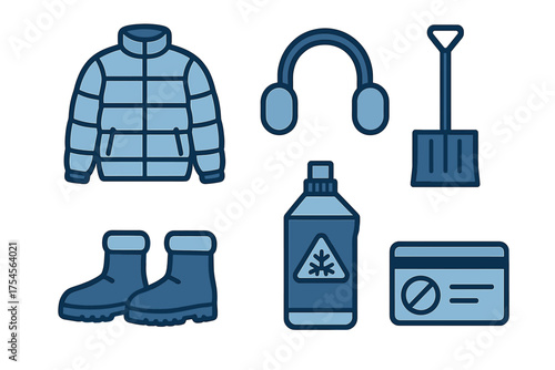 Essential winter season items including warm jacket, boots, earmuffs, shovel, and de-icer bottle