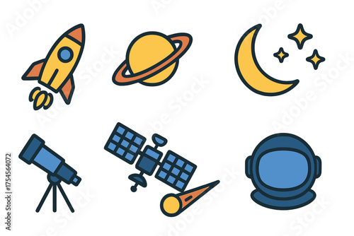 Colorful space exploration symbols including rocket, planet, moon, telescope, and astronaut helmet