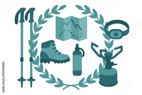 Essential hiking and camping equipment set arranged in a decorative wreath design