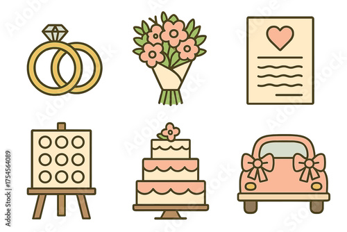 Set of wedding celebration icons featuring engagement rings, bridal bouquet, tiered cake, invitation, and decorated car