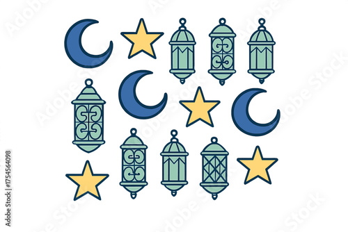 Traditional Islamic lanterns, crescent moons, and stars for Ramadan celebration