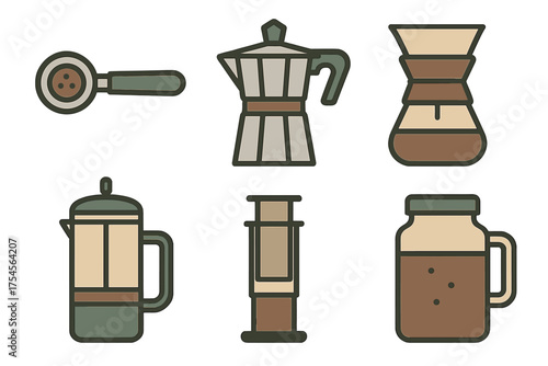 Set of coffee brewing equipment including French press moka pot and pour over devices
