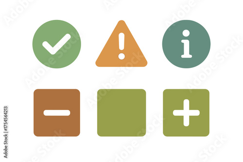Essential UI icons set with checkmark, warning, information, plus, and minus symbols in earthy color palette