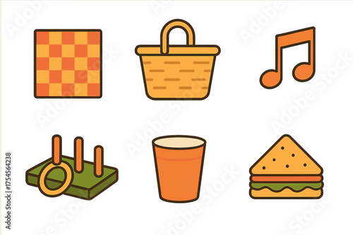 Flat design icons representing items for outdoor picnic and leisure activities