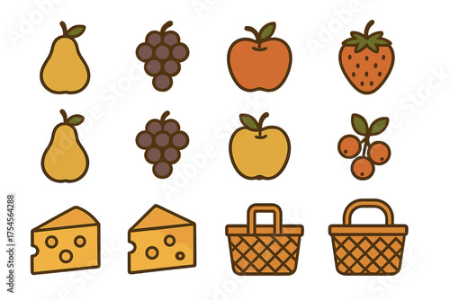 Colorful collection of picnic food items, fruits, cheese, and woven basket containers
