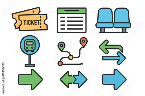 Public transport symbols for tickets schedule seating bus stop and navigation arrows