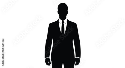Silhouette of a man in a formal suit and tie, standing against a white background, representing professionalism and business.