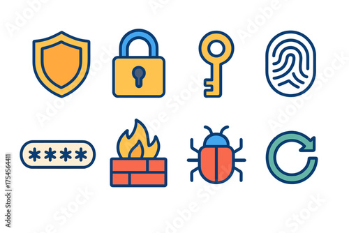 Essential cybersecurity and internet protection icons set including shield, lock, key, fingerprint, and firewall symbols