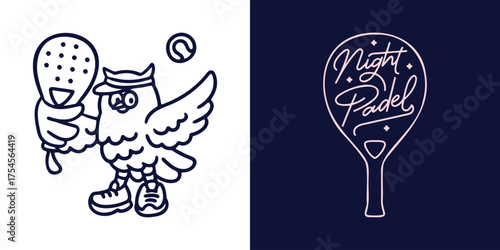 Cute owl night bird animal mascot character holding Padel bat and typography style template for Padel sport team and event sticker outline bold modern illustration