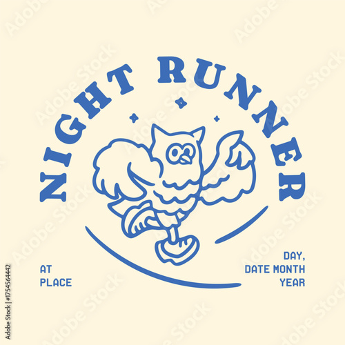 Cute cartoon animal mascot character of nocturnal owl running sport at night bold outline modern style illustration for poster, banner, event, community, and sticker
