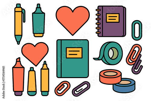 Colorful flat lay collection of office and school stationery supplies and decorative hearts