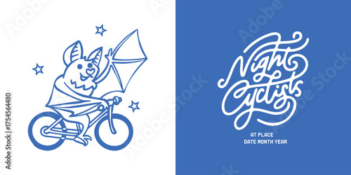 Fun animal mascot character of mammal bat with bicycle sport at night with stars. Night cyclist word lettering art element. Illustration and type for poster, event, community, and printing content