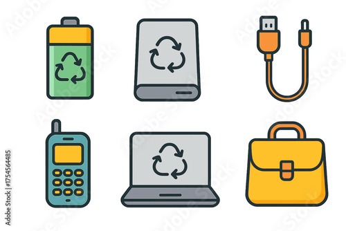 Technology, business, and recycling icons set featuring battery, hard drive, laptop, phone, cable, and briefcase symbols