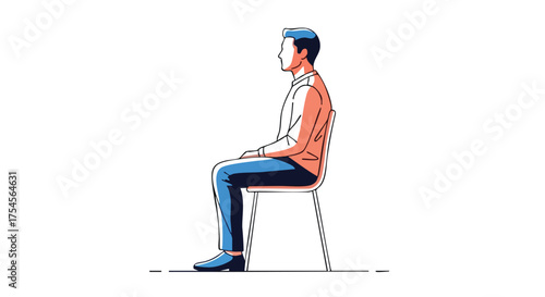 A man sitting upright on a chair, depicted in a clean, minimalist line art style with a white background.