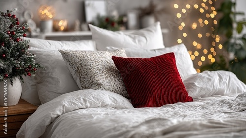 Neat double bed, gold-speckled white pillow and crimson pillow on white sheets, nightstand decorative mini Christmas tree with red berries, blurred lights
