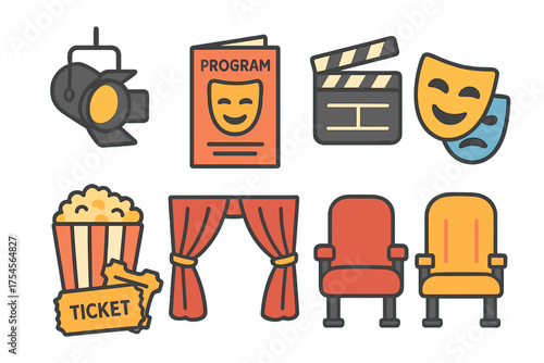 Set of entertainment symbols including theater, movie, and cinema elements