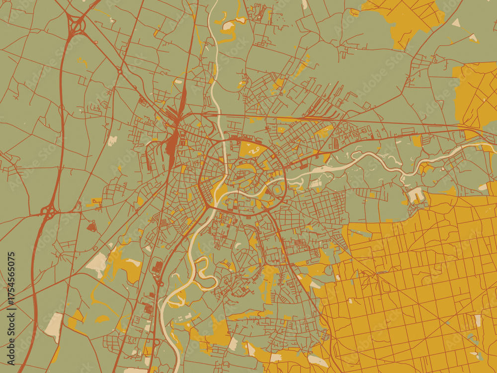 Obraz premium Modern flat map poster of Hradec Kralove, Czechia in muted sage base, rust-colored roads, and soft ochre highlights.