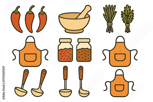 Cooking kitchenware, fresh herbs, chili peppers, aprons, and spice containers set