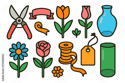 Colorful floristry tools and decorative elements like flowers, shears, ribbon, and vases