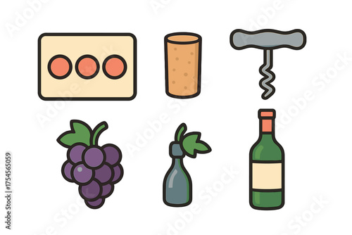 Set of wine accessories and elements including a bottle, cork, corkscrew, and grapes