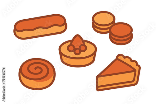 Collection of sweet pastries and baked goods including pie slice eclair macarons and cinnamon roll