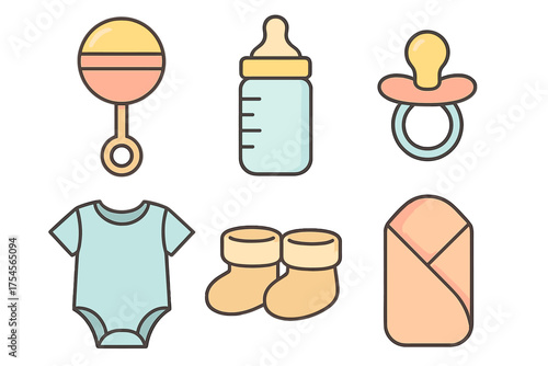 Collection of essential newborn items: rattle, feeding bottle, pacifier, bodysuit, booties, and swaddle wrap