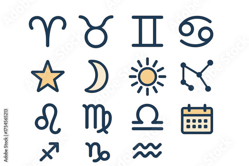 Twelve astrological zodiac signs and celestial symbols set including sun, moon, and stars