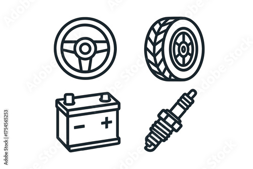 Outline icons set of essential automotive components including steering wheel, tire, battery, and spark plug