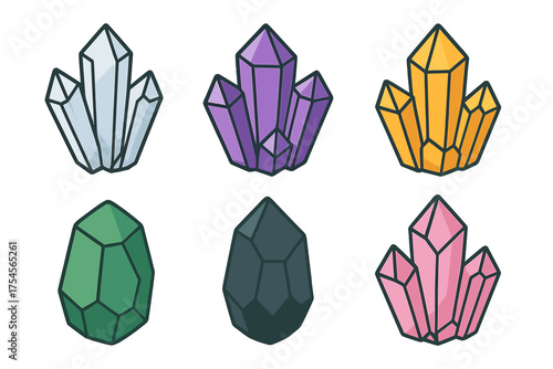 Colorful set of raw mineral crystals and faceted gemstones isolated on white