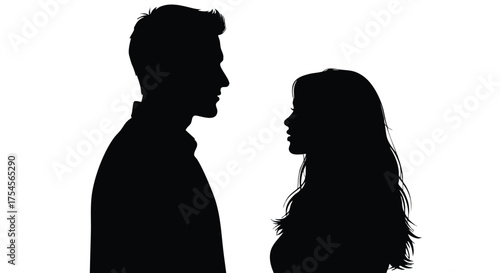 Silhouette of a man and a woman facing each other against a white background, symbolizing connection and interaction.