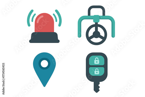 Car security system icons including alarm siren, steering wheel lock, GPS location pin, and remote key fob