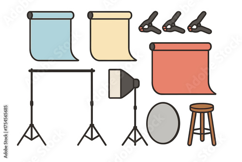 Essential photography studio equipment set with colorful backdrops light stands and accessories