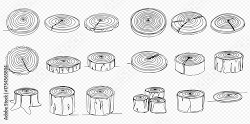 Hand-drawn sketch set of various wood slices, tree stumps, and cross-sections showing annual rings and natural cracks, isolated on transparent background.
