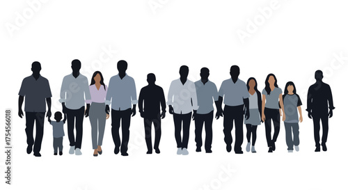 A diverse group of people of various ages and genders standing together in a line, silhouetted against a white background.