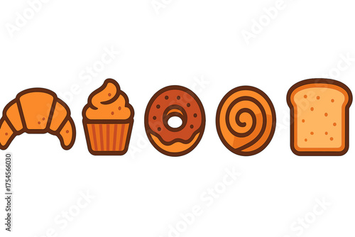 Assortment of popular bakery items including croissant, cupcake, donut, swirl bun, and sliced bread