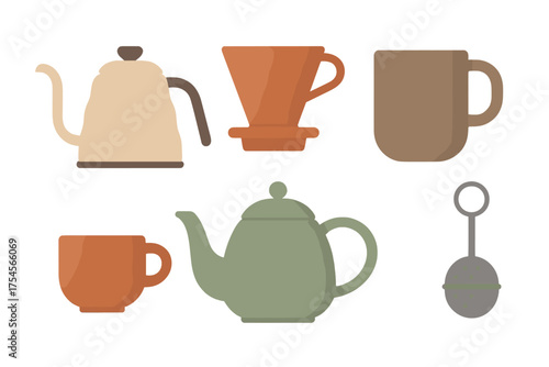 Modern coffee and tea preparation tools collection including kettles mugs and filter dripper